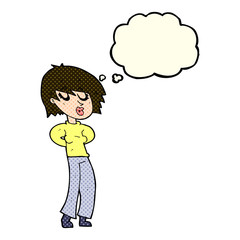 cartoon woman whistling with thought bubble