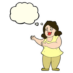 cartoon happy fat woman with thought bubble