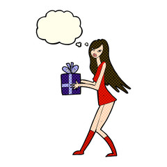 cartoon fashion girl with present with thought bubble