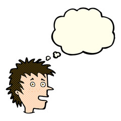 cartoon excited boy with thought bubble