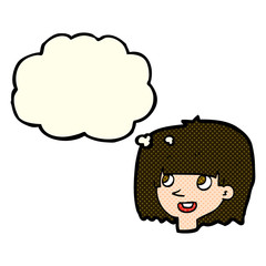 cartoon happy female face with thought bubble