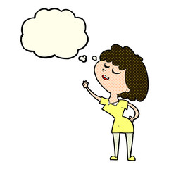 cartoon happy woman about to speak with thought bubble