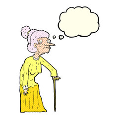 cartoon old woman with thought bubble
