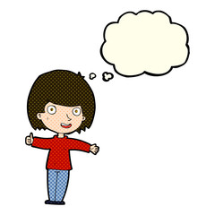 cartoon happy woman with thought bubble