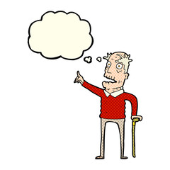cartoon old man with walking stick with thought bubble