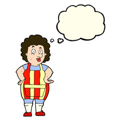cartoon woman in kitchen apron with thought bubble