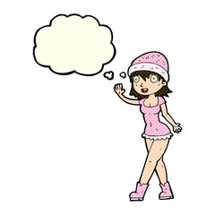 cartoon pretty girl in hat waving with thought bubble
