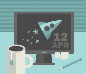 Computer screen with retro spaceship.