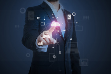 man pressing button at virtual interface