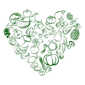 Heart from food fruits and vegetables icon  sketch vector illustration