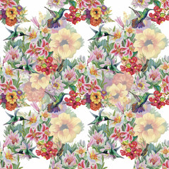 Tropical floral watercolor seamless pattern with colibris and