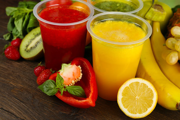 Fresh juice mix fruit, healthy drinks on wooden table background