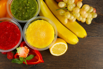 Fresh juice mix fruit, healthy drinks on wooden table background