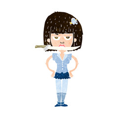 cartoon woman with knife between teeth
