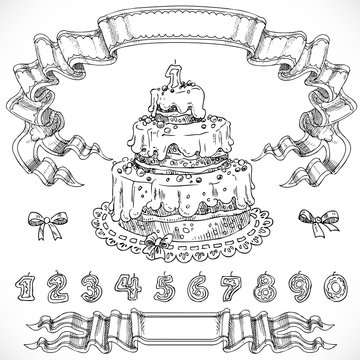 Graphic drawing birthday cake and decorative design elements can