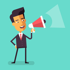 Handsome asian businessman in formal suit holding megaphone and shouting in it. Cartoon character - happy manager with bullhorn. Business concept. Vector flat design illustration.