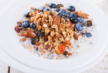 Granola with milk,fresh blueberries and Chia seeds