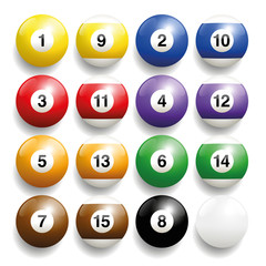 Billiard balls - commonly used colors. Three-dimensional and realistic looking, isolated vector illustration on white background.
