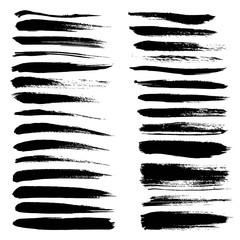 Big set of long texture of dry brush strokes of black paint