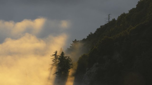 Time-lapse  of clouds and sun rising up a forested mountain side.