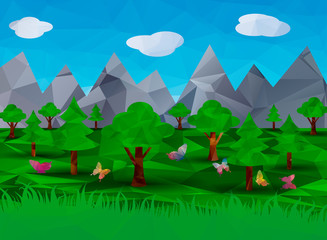 low poly background forest, mountains and butterflies