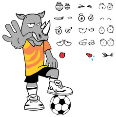 rhino soccer cartoon expressions pack collection in vector format