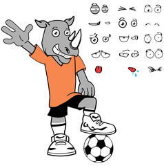 young rhino soccer character cartoon expression pack in vector format