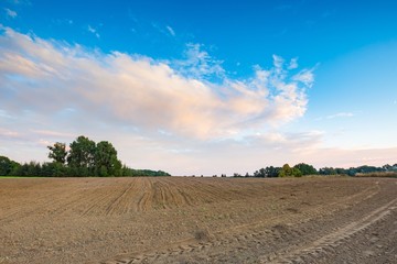 Fototapeta na wymiar Beautiful plowed field under colorful sunset sky