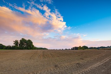 Obraz premium Beautiful plowed field under colorful sunset sky