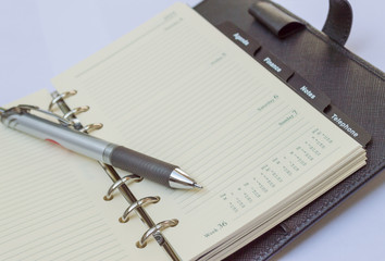 Leather open notebook and pen