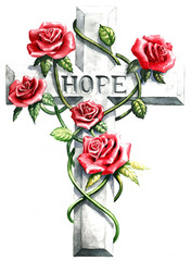 pink red roses and green vines on stone gray cross with carved text hope isolated on white background, hand painted watercolor drawing illustration for sympathy cards or inspirational church bulletin