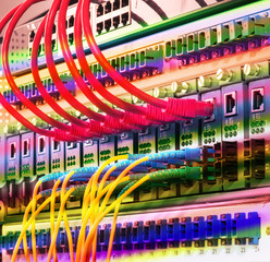 Fiber Optic cables connected to an optic ports and Network cable