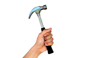Isolated image a hand holding a steel hammer against a white background