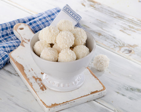 White Chocolate Coconut Truffles In Bowl.