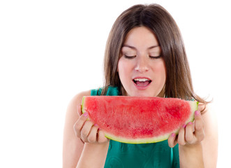 smiling woman holding slice of watermelon