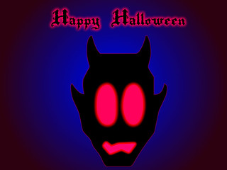 Happy halloween card with devil and his fierce glowing red eyes