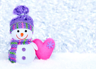 New Year 2016. Happy Snowman on snow with heart, decoration 
