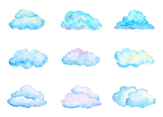 Set of Bright Blue Watercolor Clouds, Isolated on White, Hand Drawn and Painted - 91896363