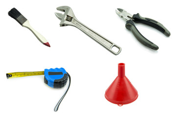 Different old work tools isolated on a white background.