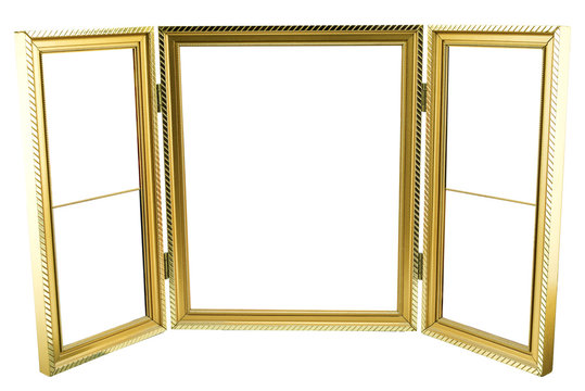 Metal gold picture frame for wedding or family photography isolated on white.