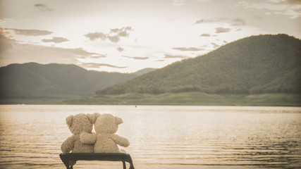 2 embracing teddybears sitting overlooking the lake and mountains