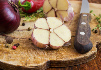 Spices and herbs on an old cutting board. Cooking or spicy food