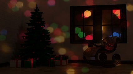 Marry Christmas and Happy New Year postcard, christmas card, background in idyllic home atmosphere.