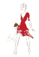 Woman on Shopping with Bags and Fashion Red Dress