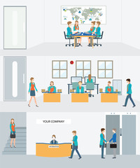 Businessman and woman in interior building.