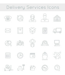Set of modern flat thin line vector icons of delivery service, logistic business, shipping and transportation. Linear conceptual symbols for interface design of website. Isolated on white