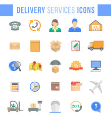 Set of modern flat vector icons of delivery service, logistic business, shipping and transportation. Colorful conceptual symbols for interface design of website. Isolated on white