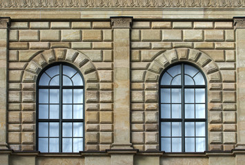 Stone facade with windows.Classical facade detail of a typical german  architecture style  building. Munich,Bavaria,Germany.