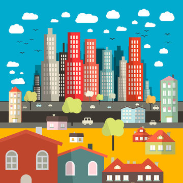 City - Town - Vector Easy Flat Design Illustration with Houses  - Buildings and Street with Cars