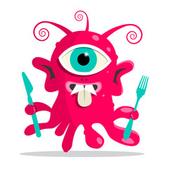 Alien - Monster or Bacillus Vector Illustration with Fork and Knife